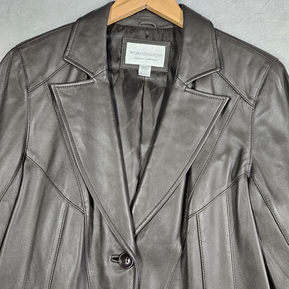 Worthington Leather Lambskin Jacket Women's Size Medium Dark Brown Lined Pockets - Picture 2 of 13